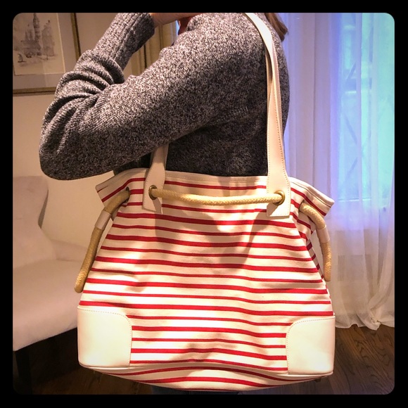 Bloomingdale's Handbags - Bloomingdales Red & White Striped Beach Bag